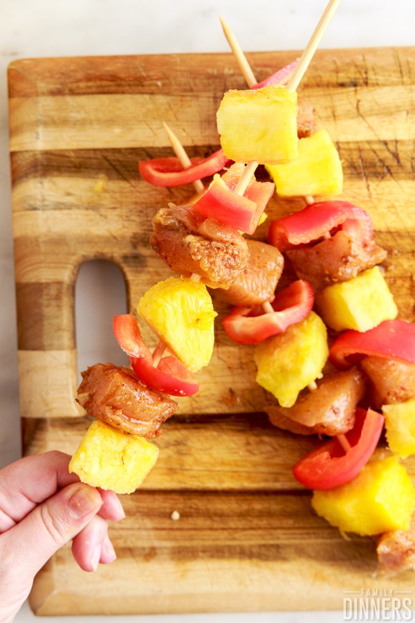 chicken, pineapple and red pepper on skewer