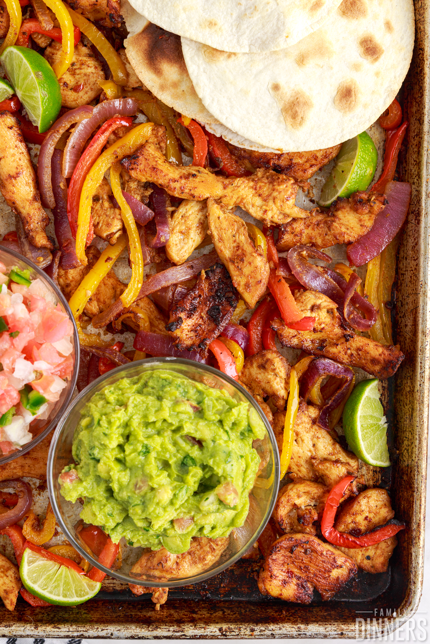 one pan chicken fajitas with guac and tortillas