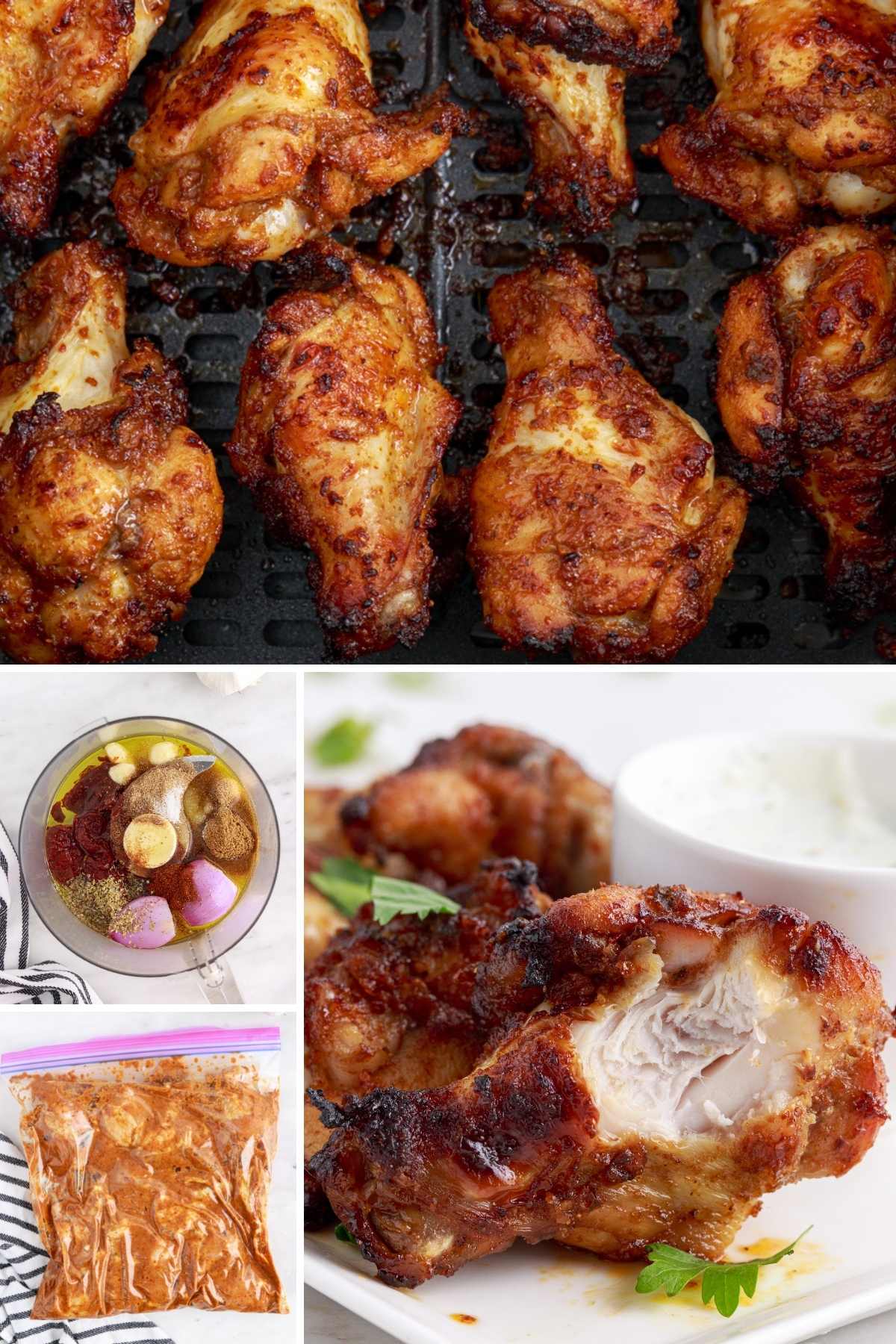 collage of images showing the process of how to make air fryer chicken wings with a chipotle marinade