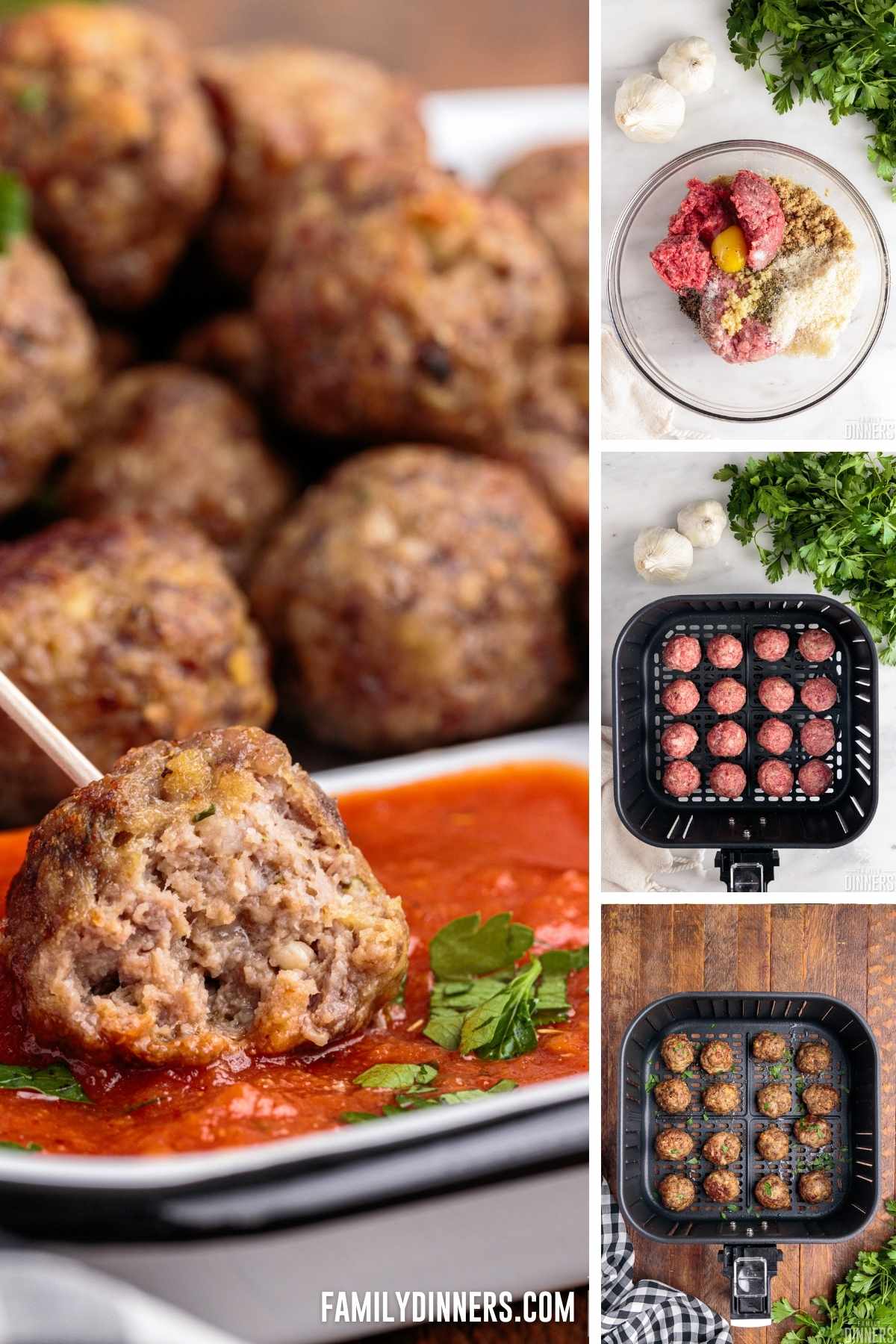 Close-up of meatball being dipped in marinara sauce. Also shown: all ingredients for meatball in a clear mixing bowl; raw meatballs in air fryer basket; cooked meatballs in air fryer.