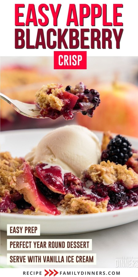 plate of blackberry apple crumble with ice cream scoop and spoon scooping out a bite.