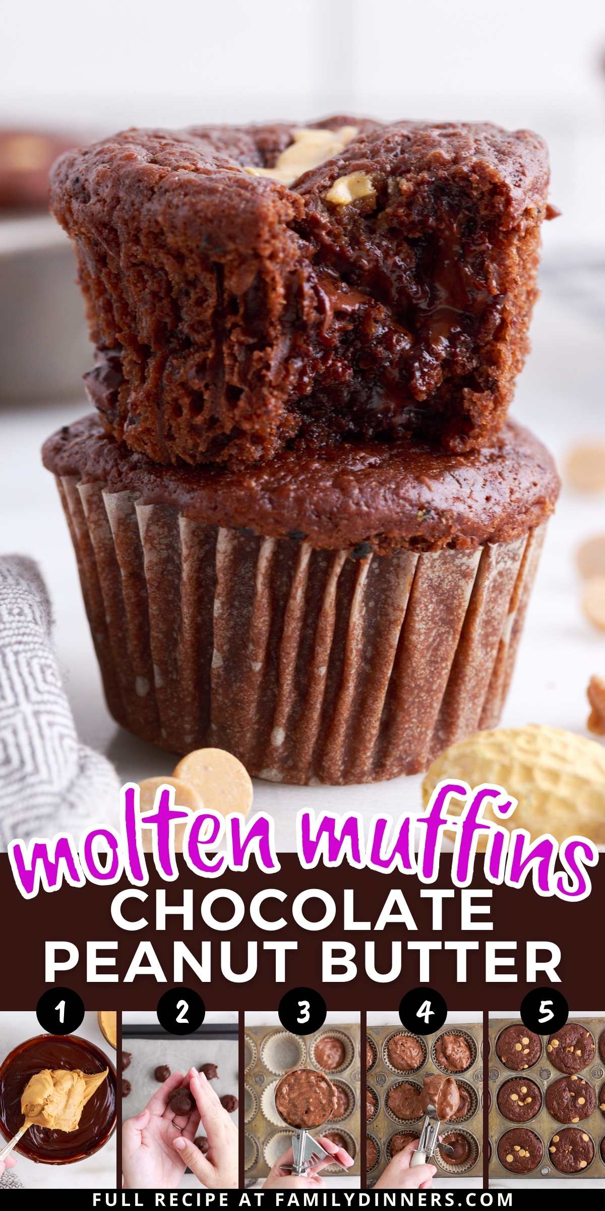 chocolate peanut butter muffins stacked.