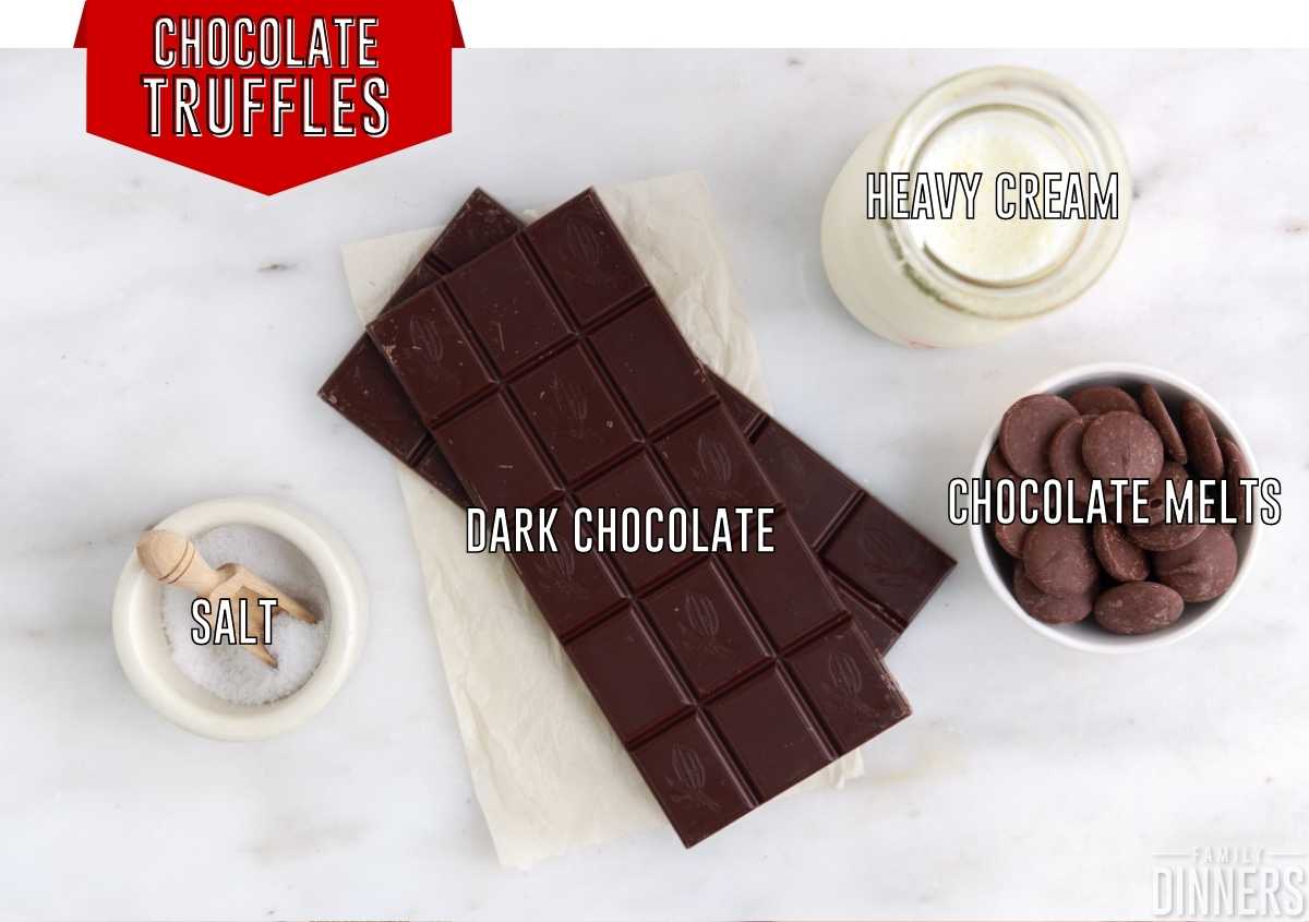 ingredients labeled to make creamy dark chocolate truffles