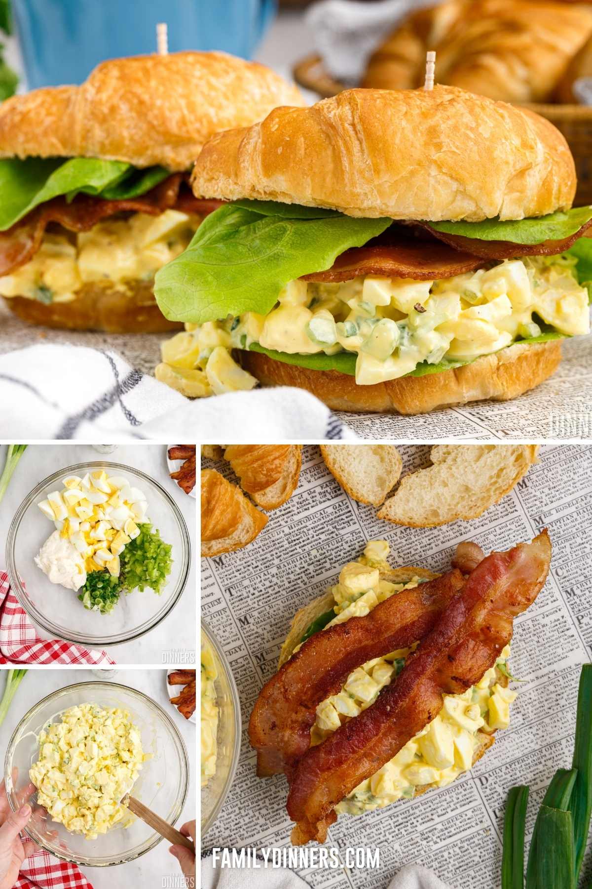 Collage of photos showing the process of making egg salad sandwiches. Close up of egg salad sandwiches complete on croissants with bacon and lettuce. Smaller photos show ingredients in a mixing bowl, and an open-faced egg salad sandwich topped with bacon.