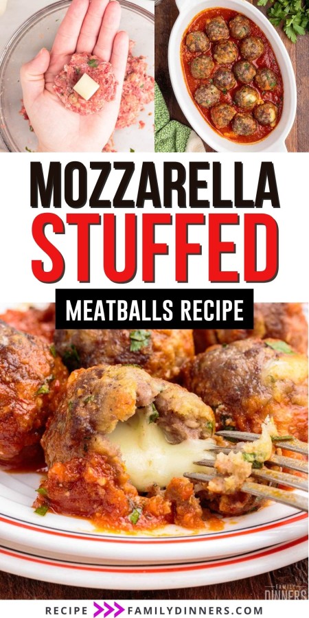 Mozzarella cheese stuffed meatballs collage.