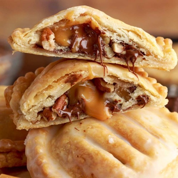 stacked, gooey turtle hand pies