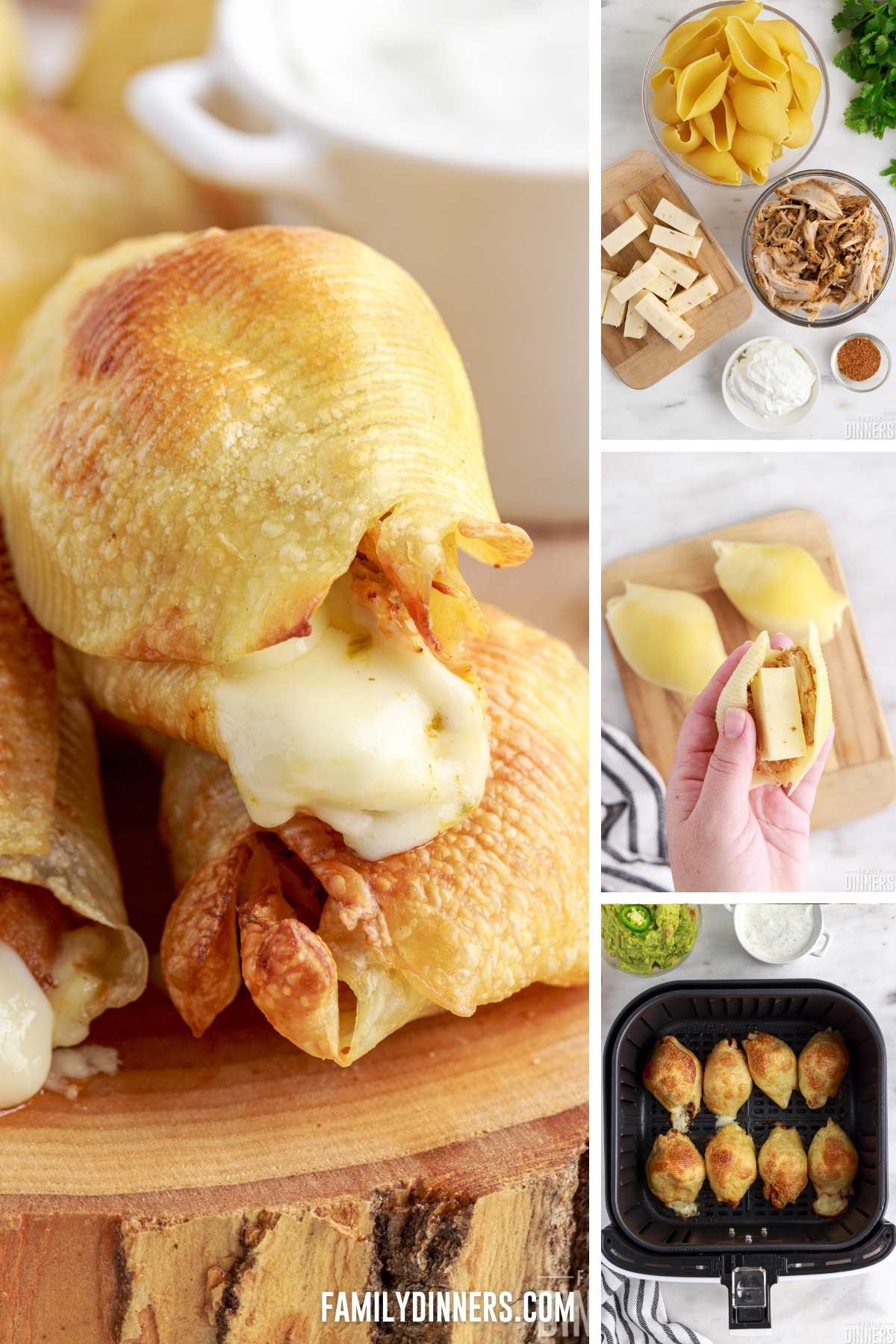 air fryer chicken stuffed pasta shells collage. 