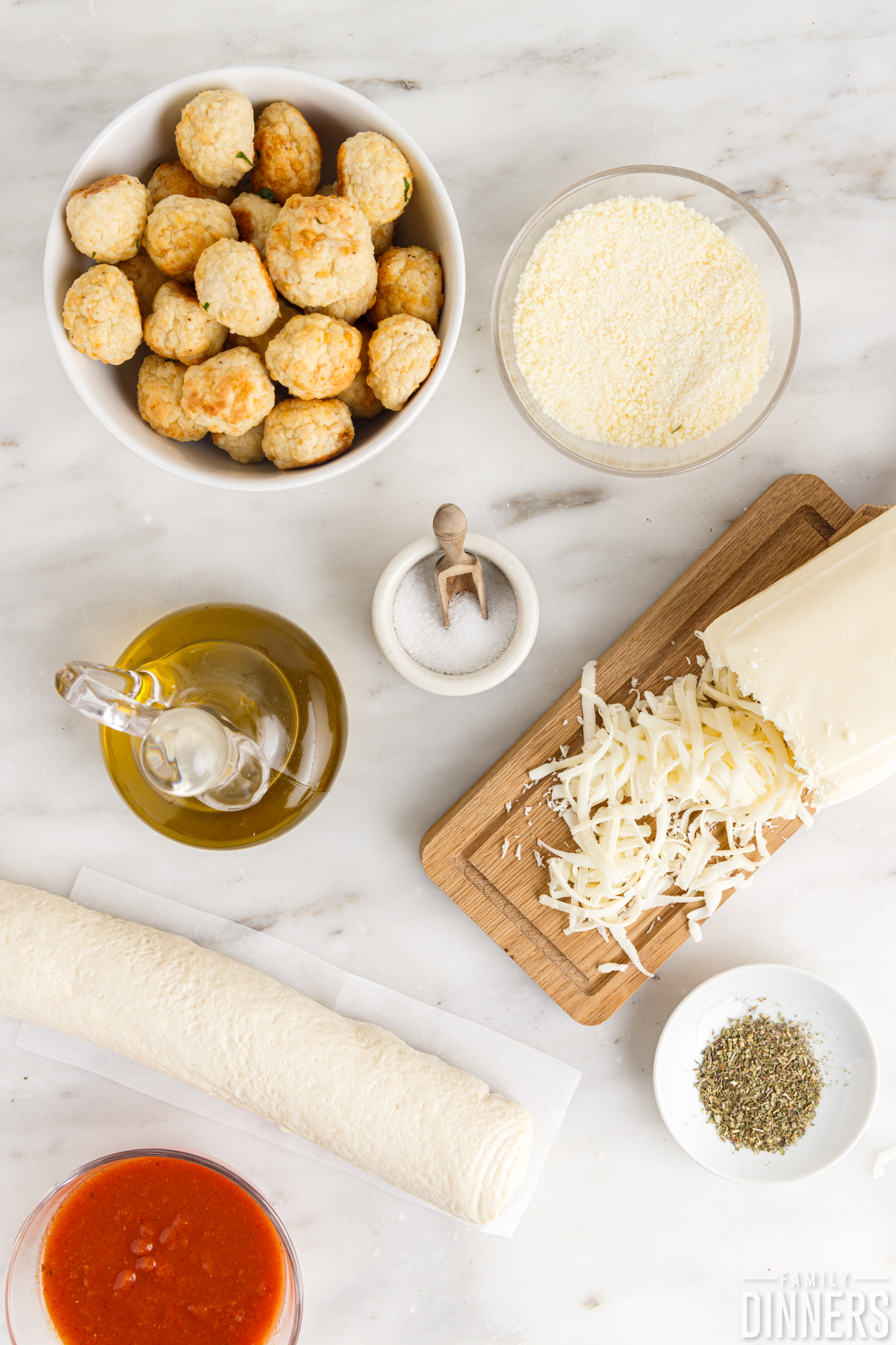 ingredients for easy baked cheesy meatball sub sandwich