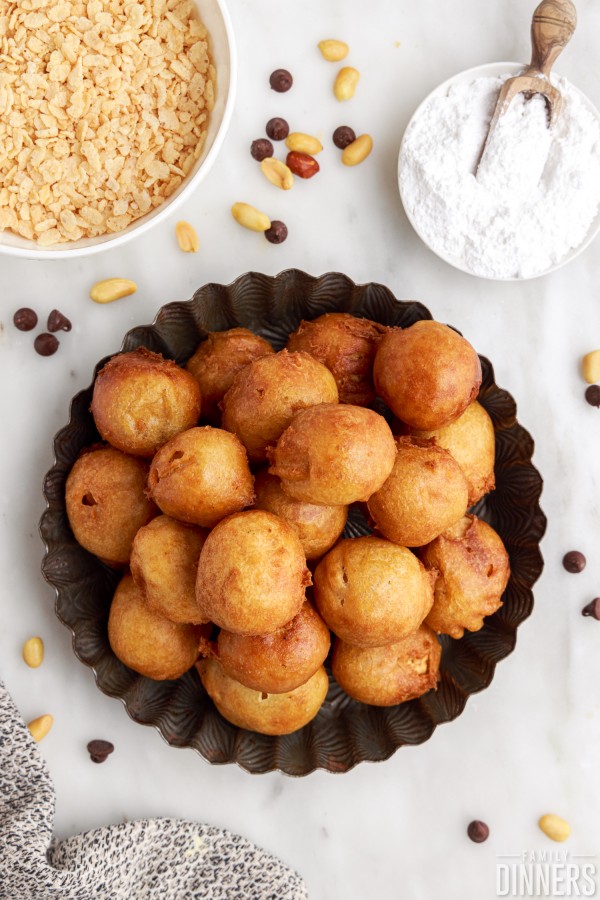 bowl full of deep fried chocolate peanut butter balls