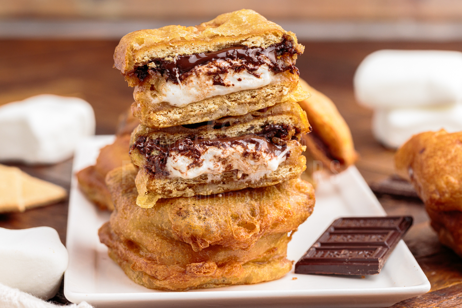 stack of deep fried s'mores.