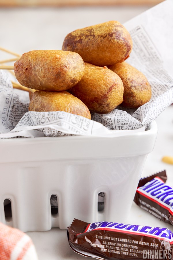 deep fried snickers in a dish
