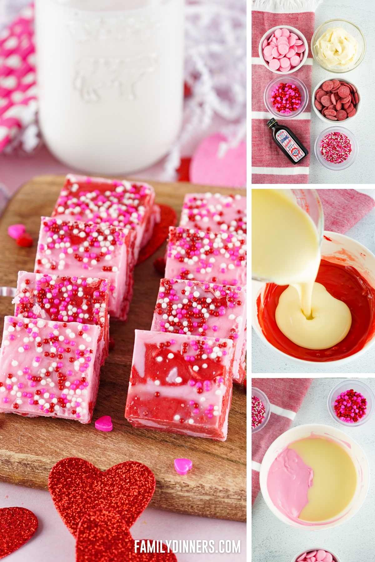 collage: swirled pink and red candy fudge