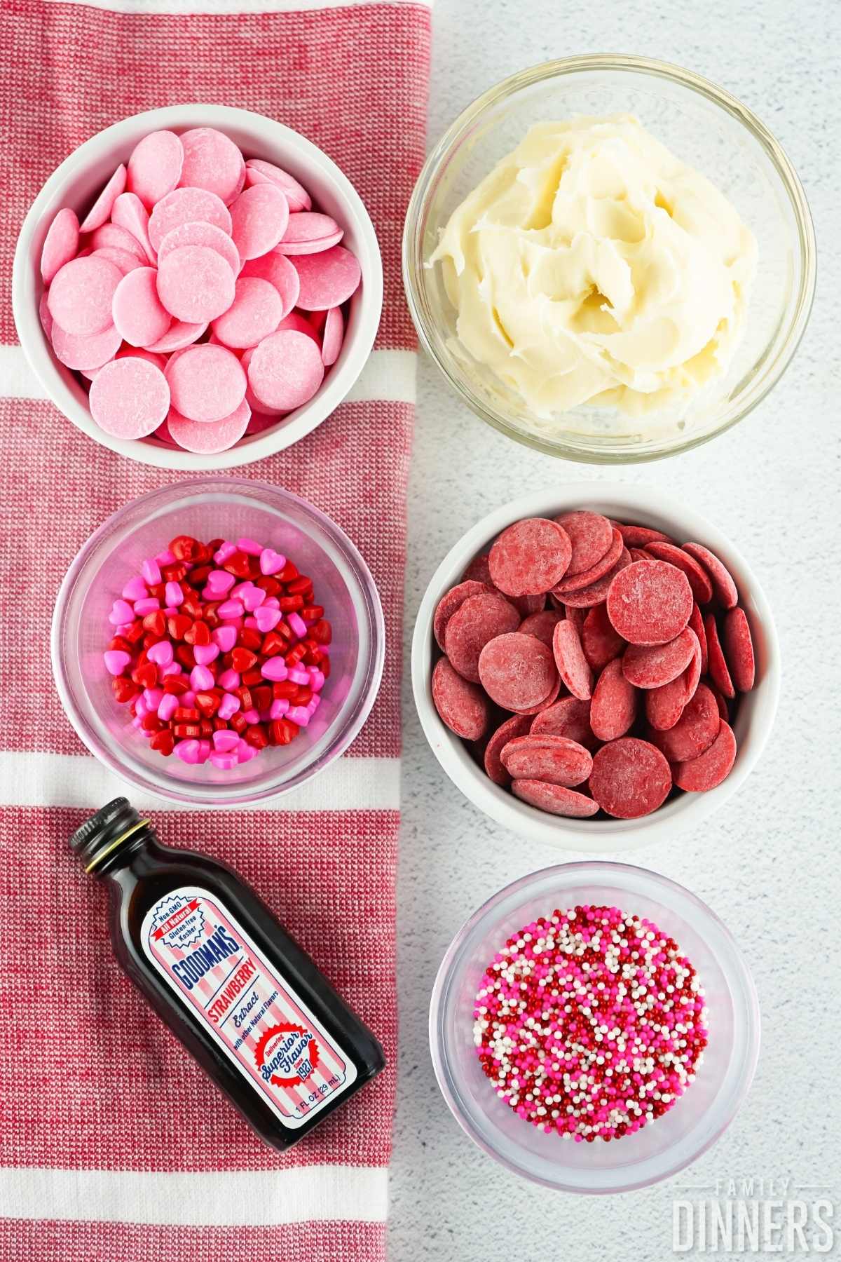 red and pink valentine's day fudge ingredients in bowls