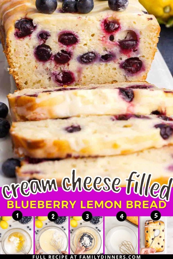 cream cheese filled blueberry lemon bread with lemon glaze collage.