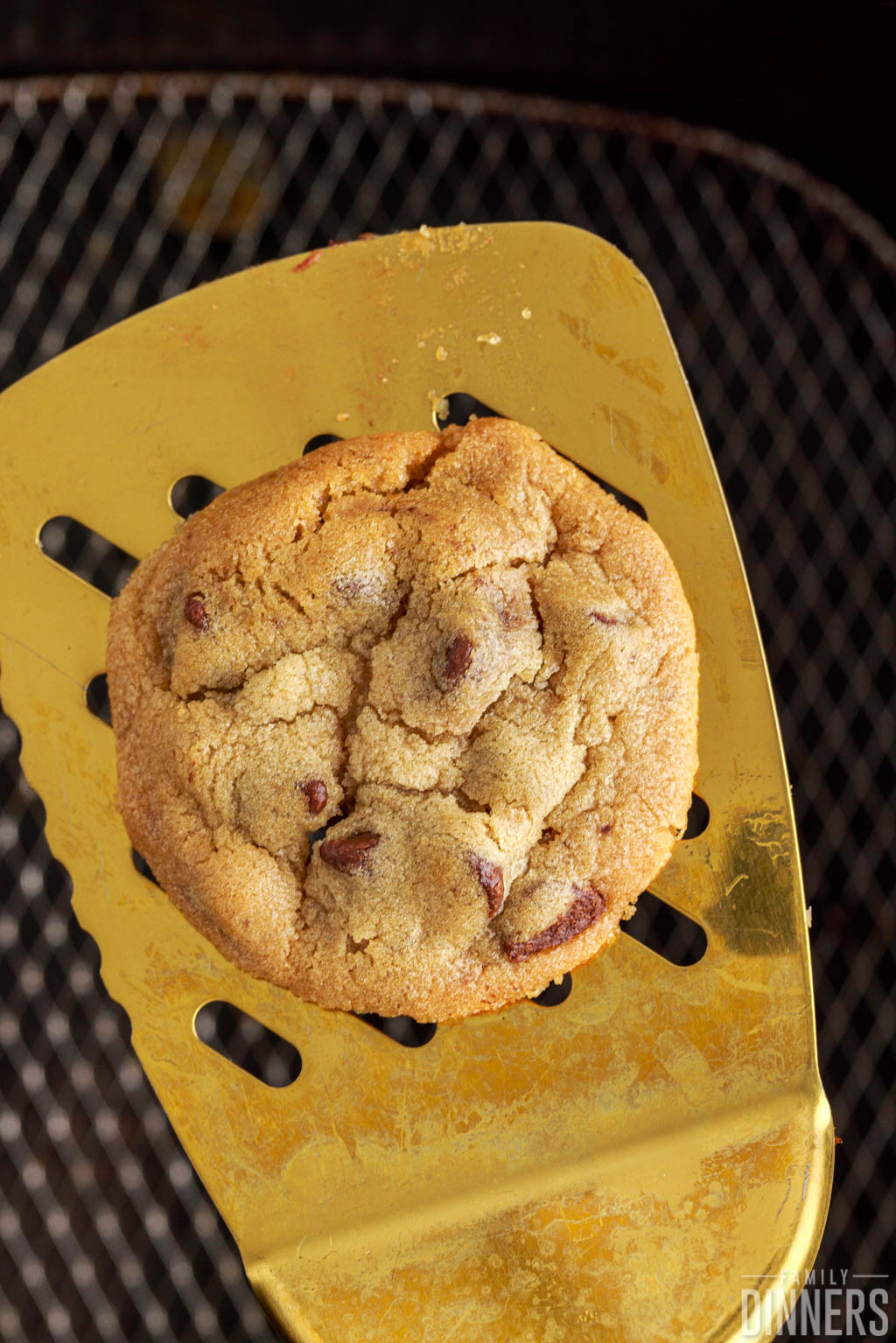 air fryer baked cookie on a spatula