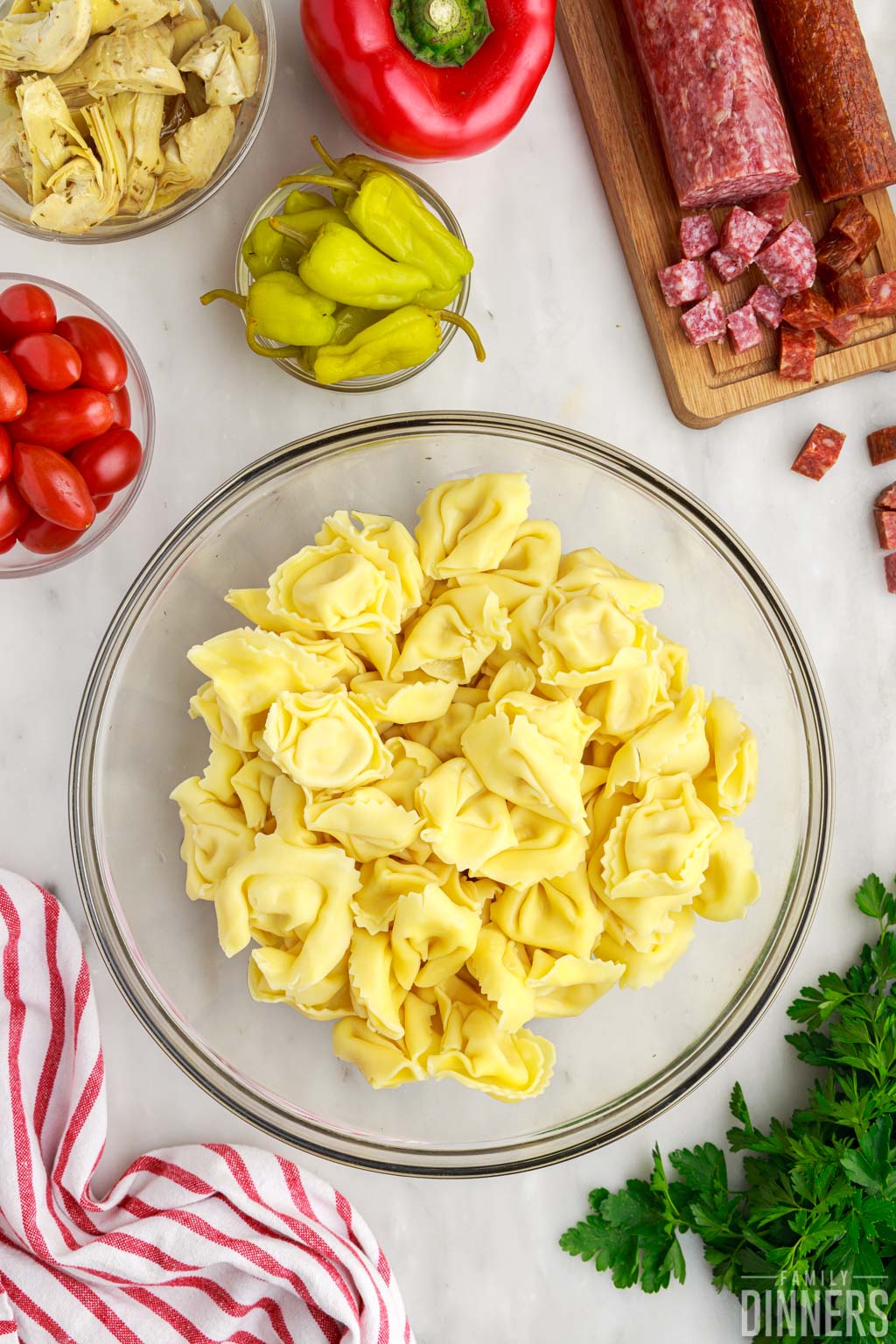 bowl of cooked tortellini.