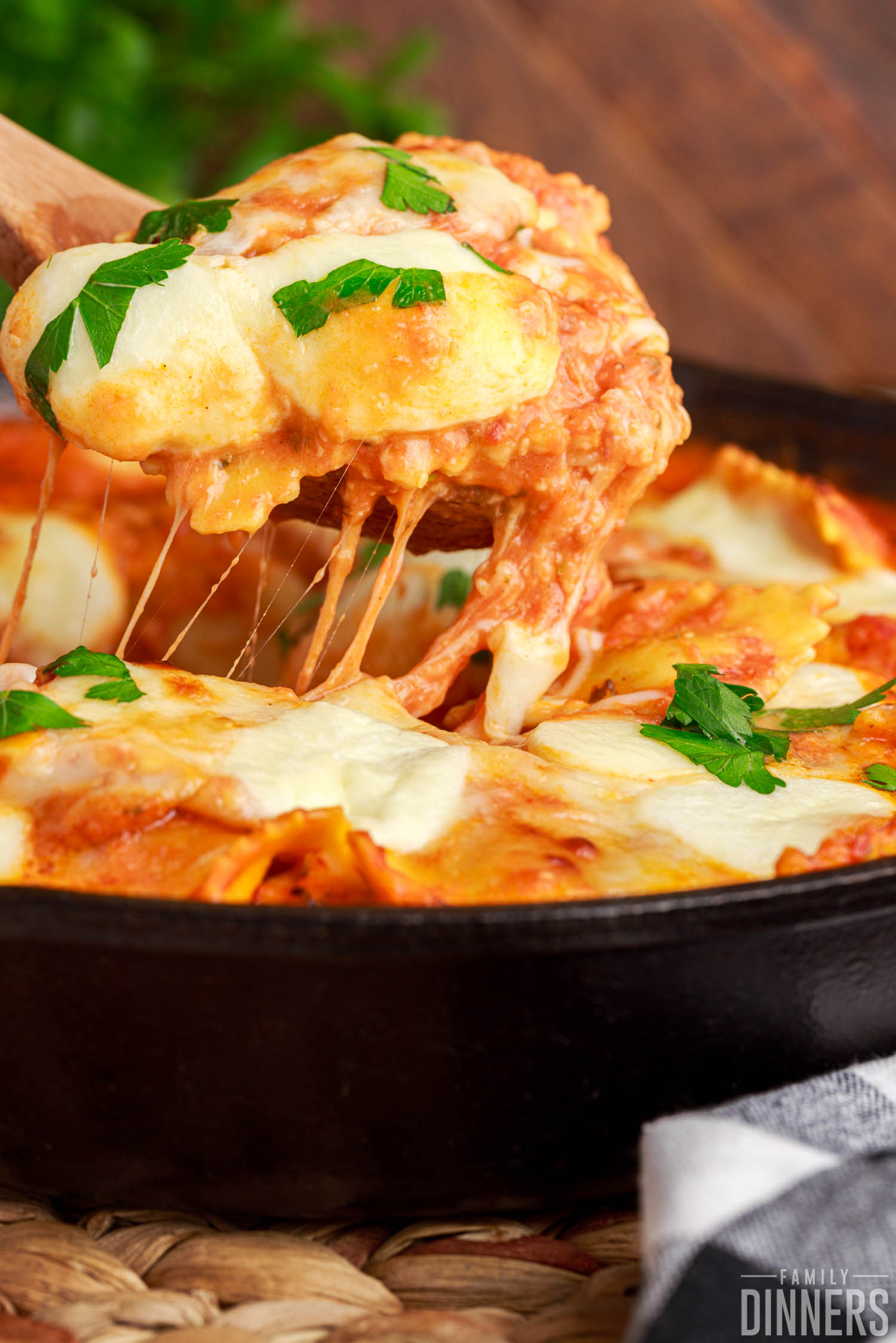 baked ravioli in marinara sauce with mozzarella.