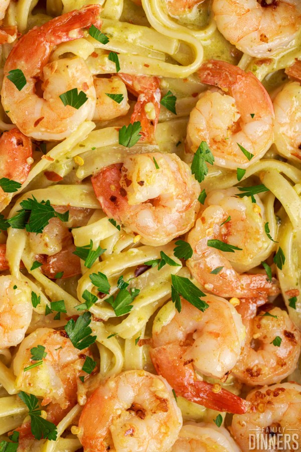 shrimp fettuccine with creamy lemon garlic sauce.