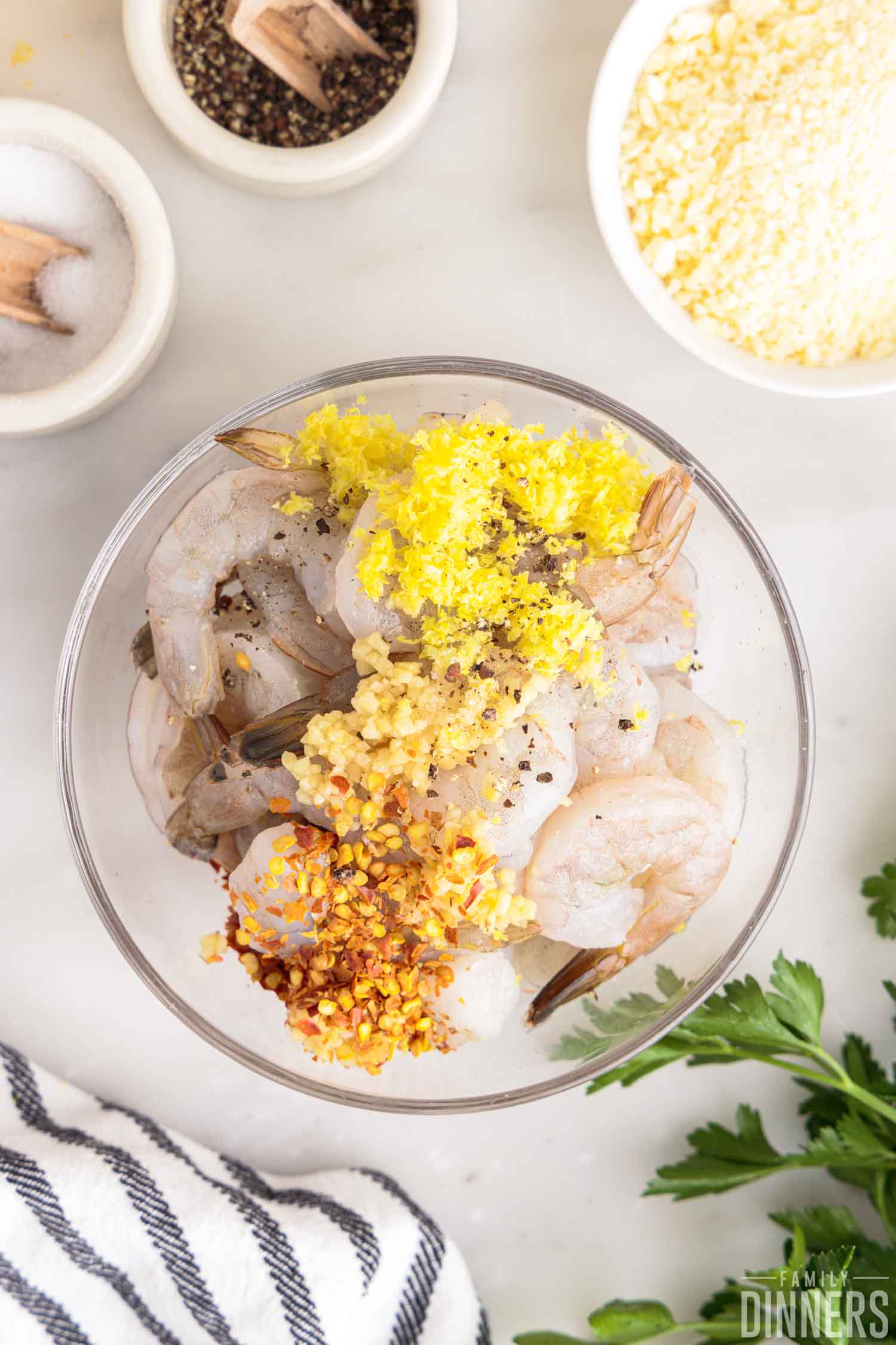 spices and shrimp in bowl.