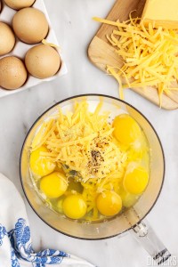 Eggs, cheese and ingredients in a food processor.