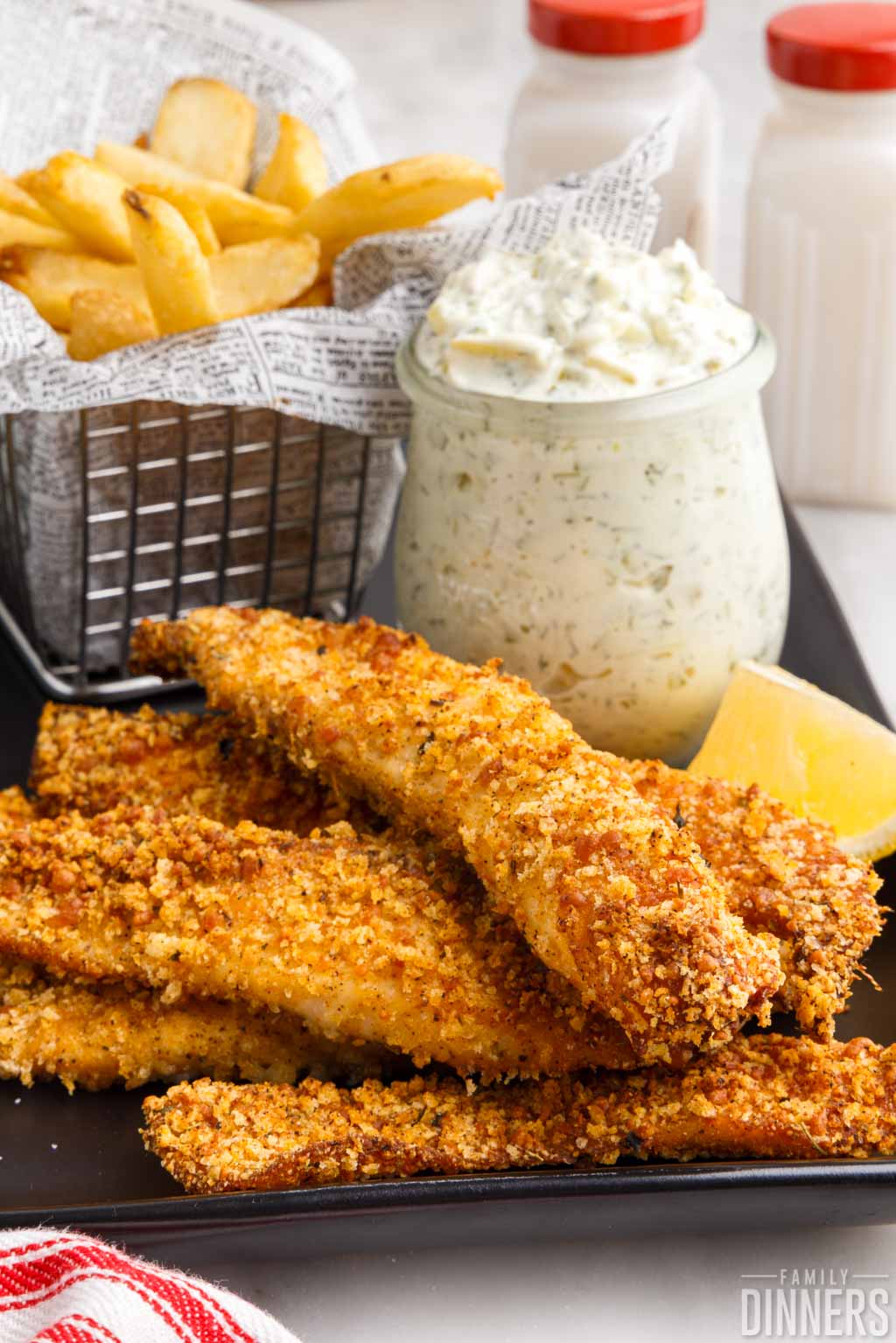 air fryer fried fish fillets with tarter sauce.