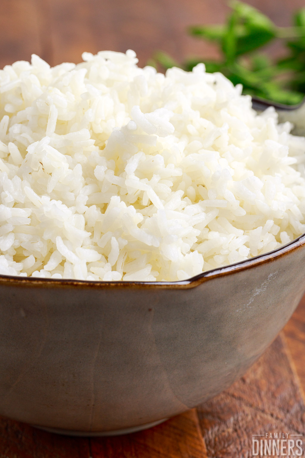 Bowl full of white rice.