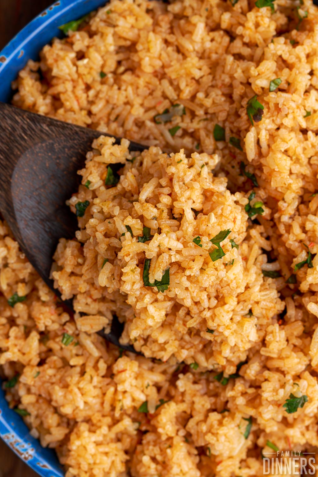 Instant Pot mexican rice in blue bowl.