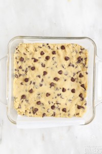 Cookie dough in a baking dish.