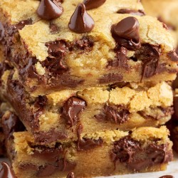 stacked chocolate chip cookie bars.