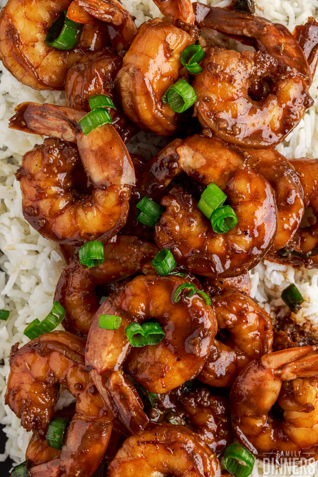 shrimp on a bed of rice topped with green onions