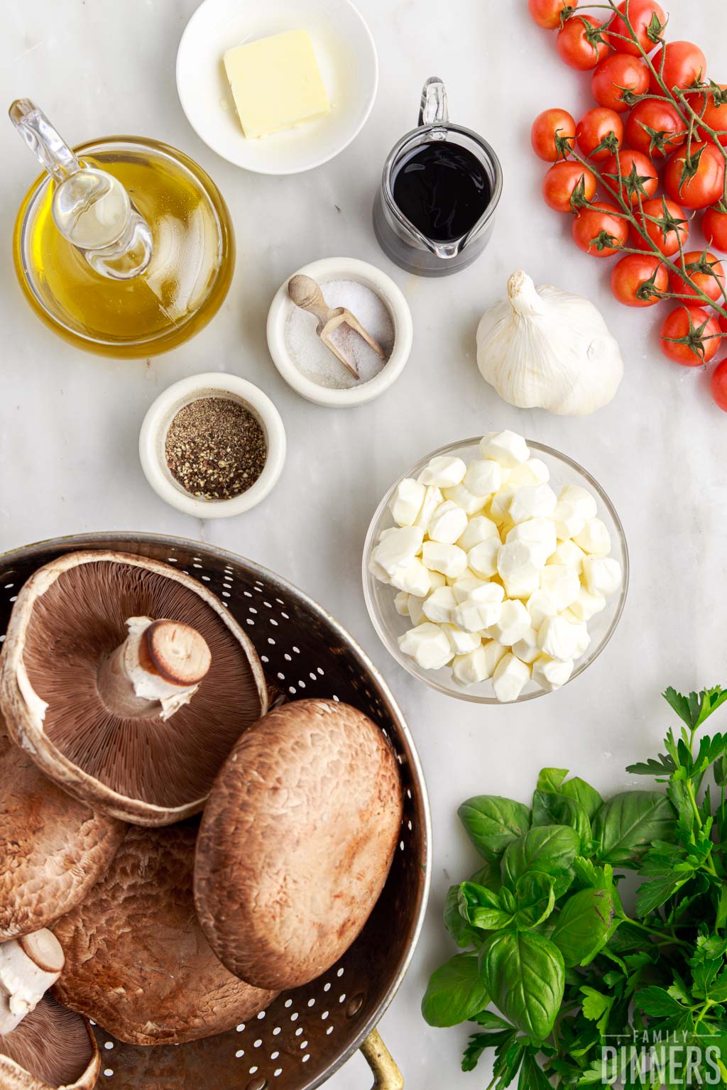 ingredients for tomato and mozzarella stuffed mushrooms