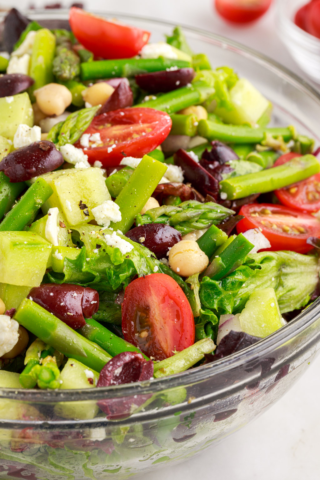 ready to eat asparagus salad in a glass bowl