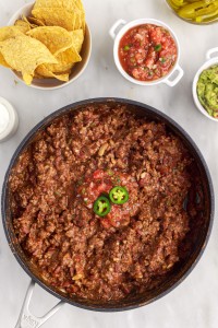 Ground beef and bean taco filling in a skillet.