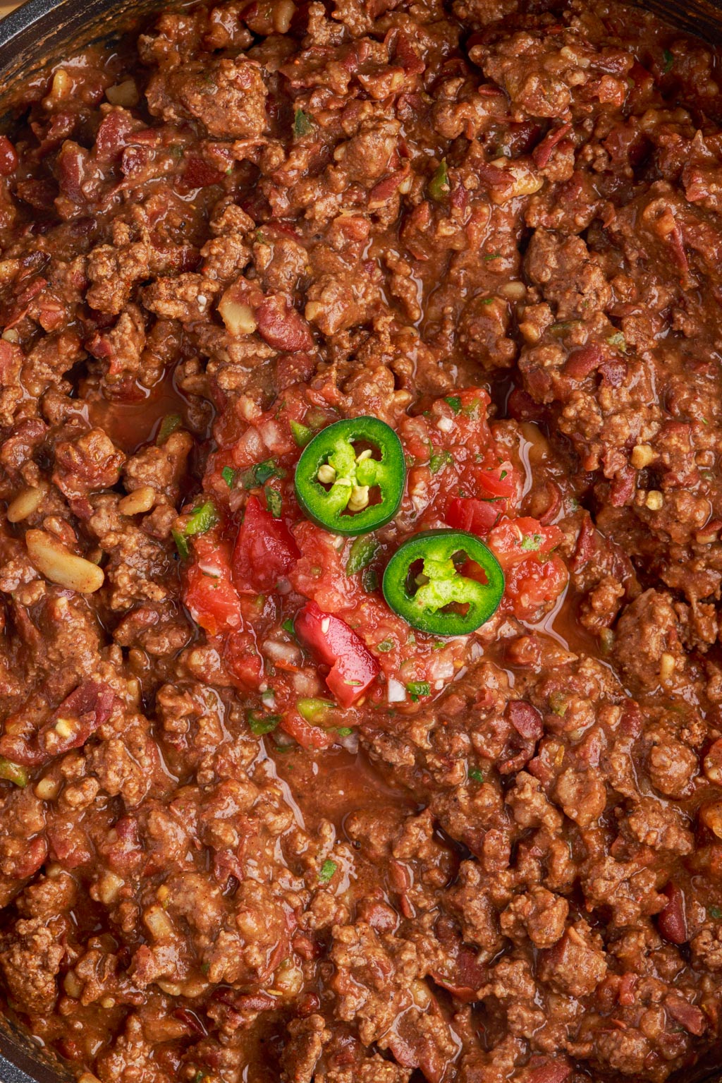 close up of ground beef and beans filling