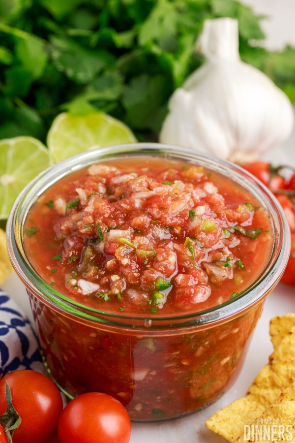 homemade salsa recipe in a glass jar.