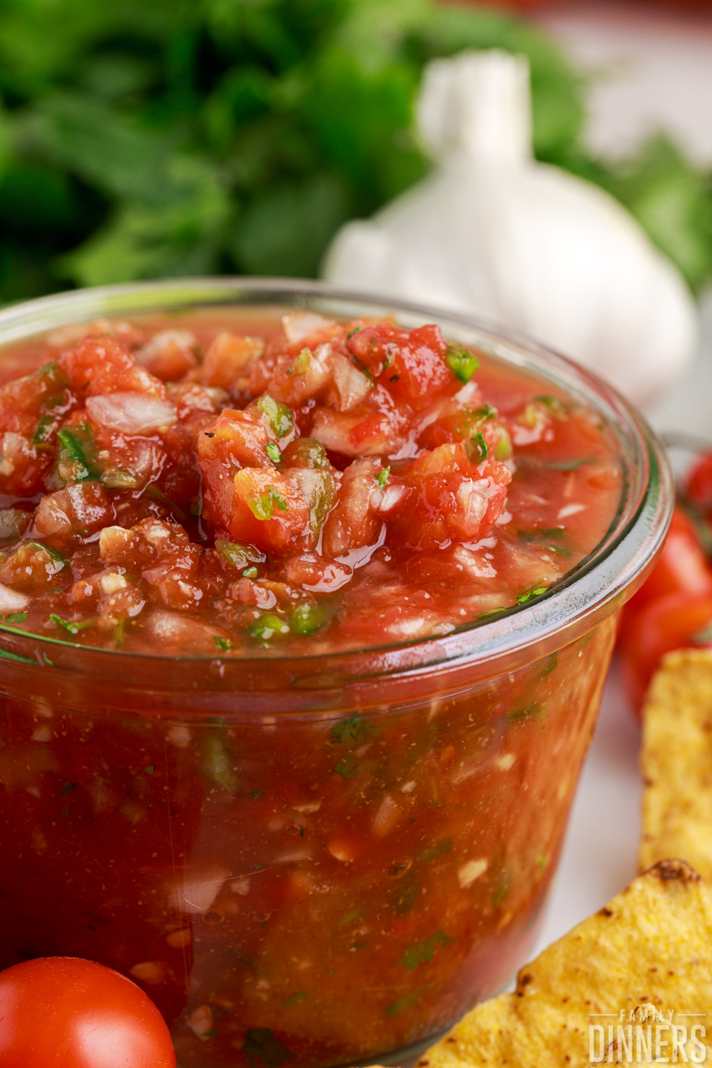 close up of a bowl of restaurant style salsa.