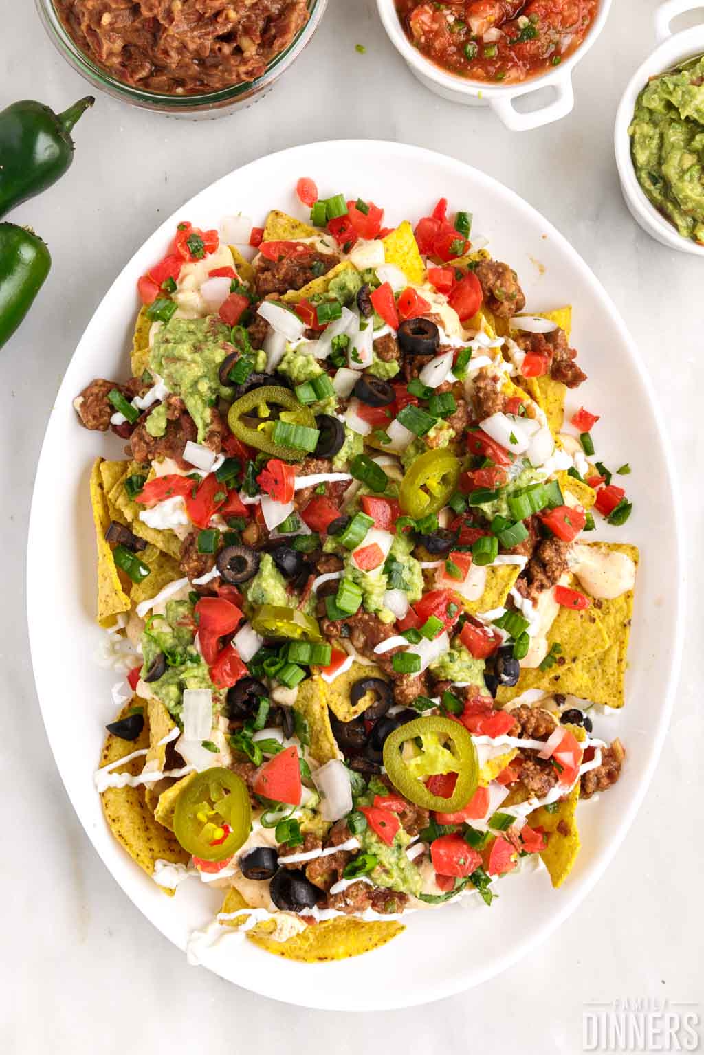 Plate of nachos with salsa, sour cream, olives, guacamole and more toppings.