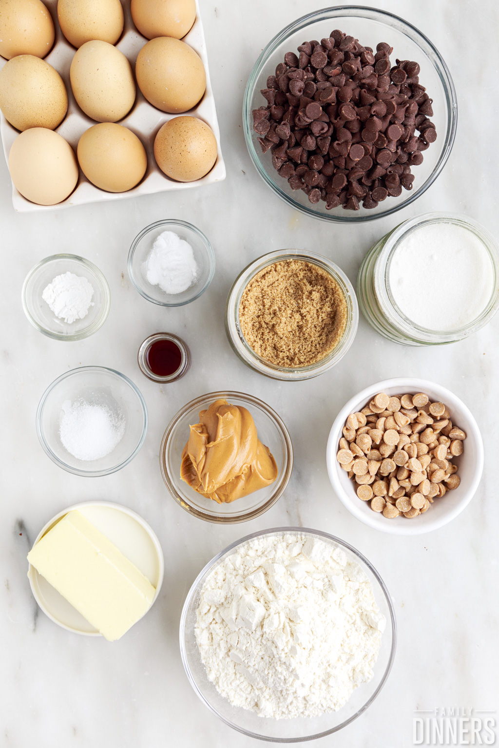 ingredients for peanut butter chocolate chip cookie bars