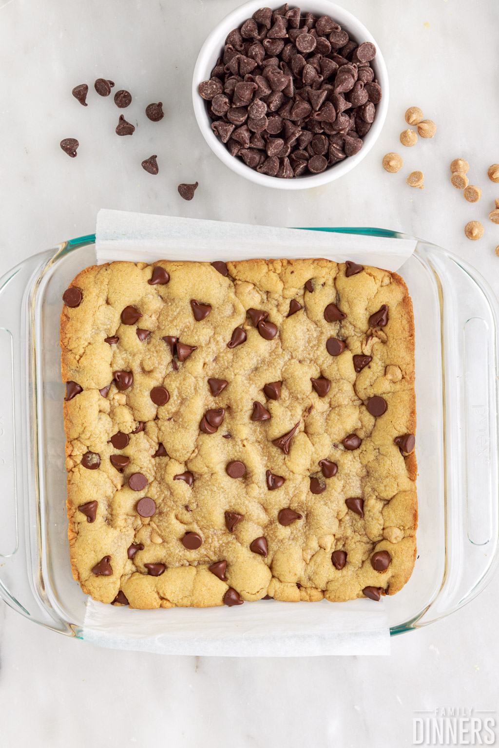 baked cookie bar in baking dish