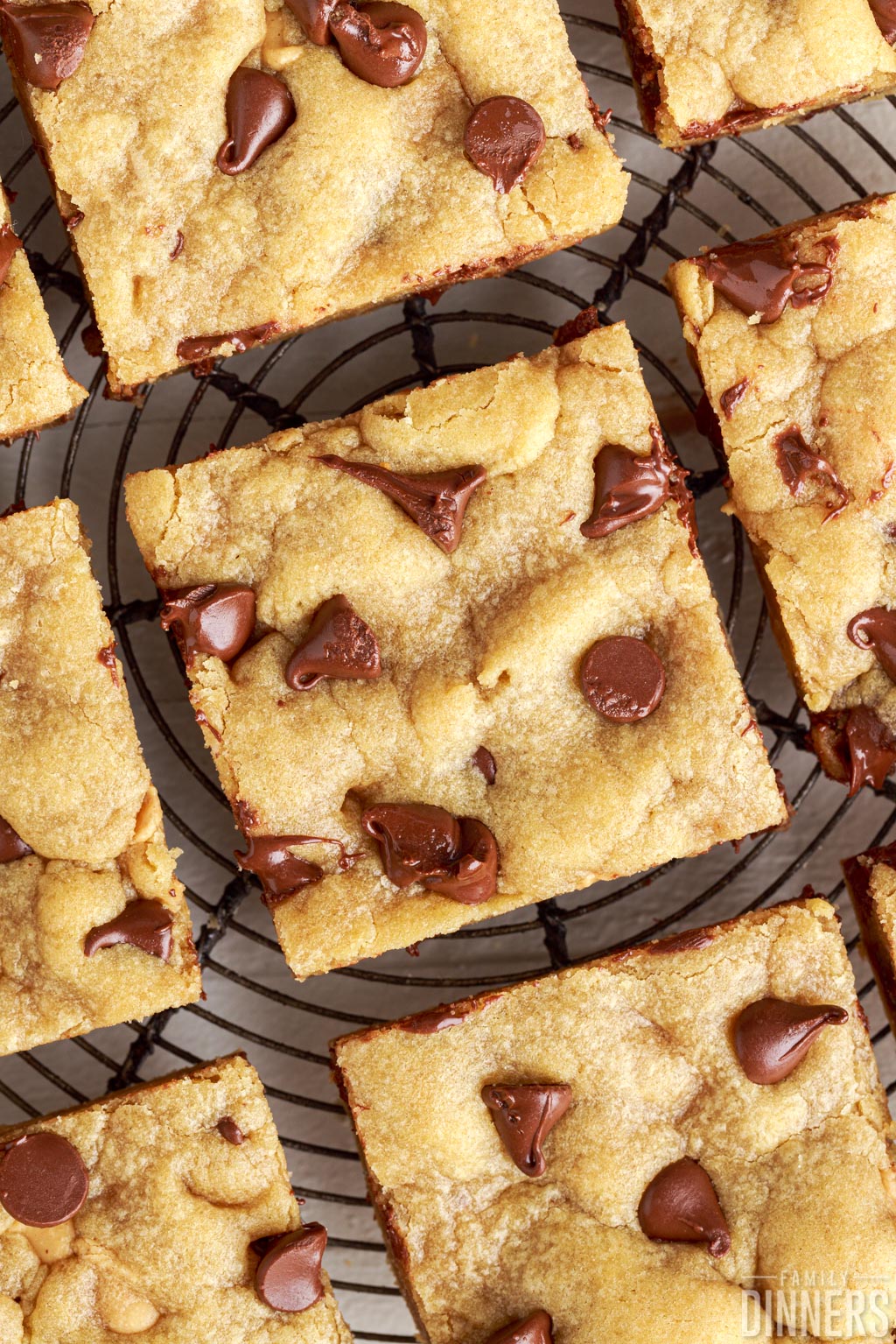 chocolate peanut butter cookie bars cut up.