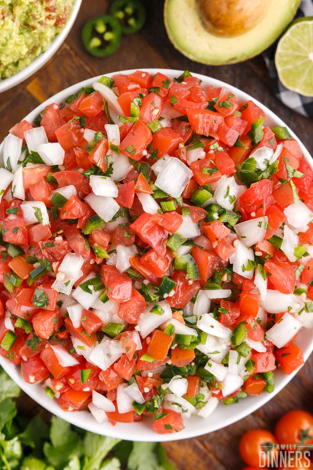 close up of a bowl of pico de gallo salsa