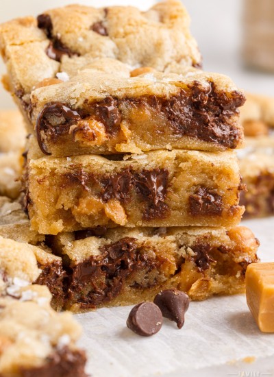 stacked salted caramel chocolate chip cookies.
