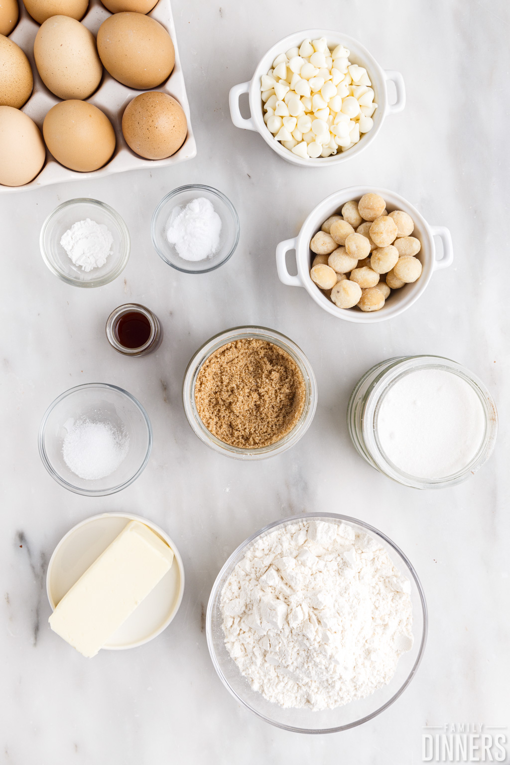 ingredients for white chocolate macadamia nut cookie bars