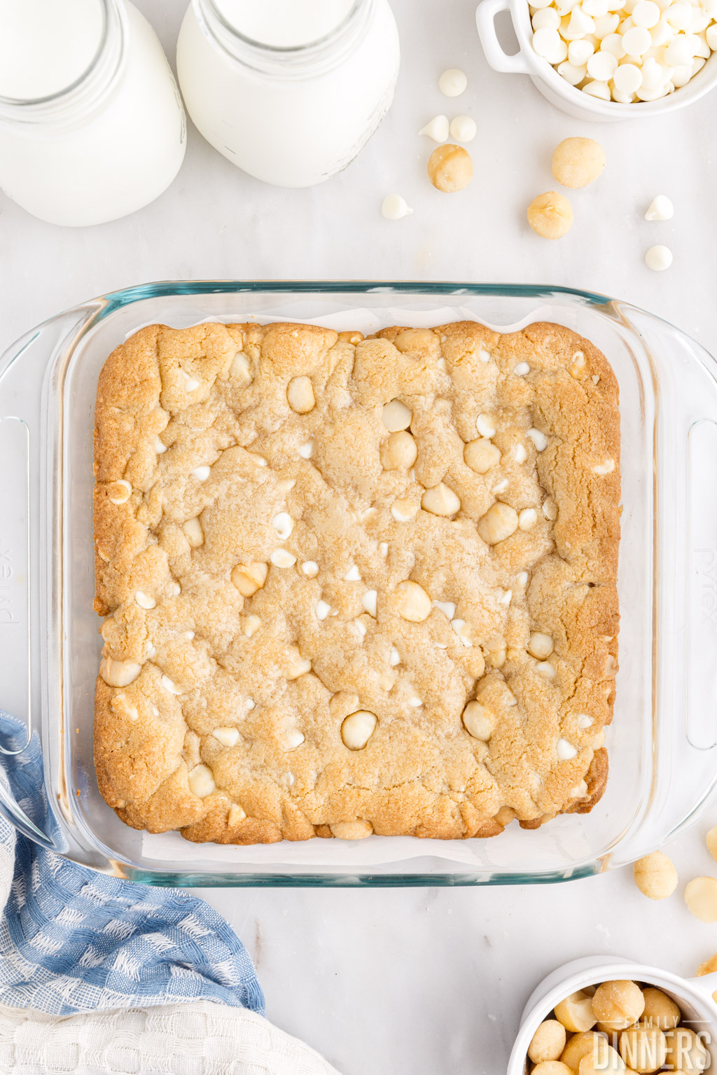 Cooked cookie bar in baking dish.