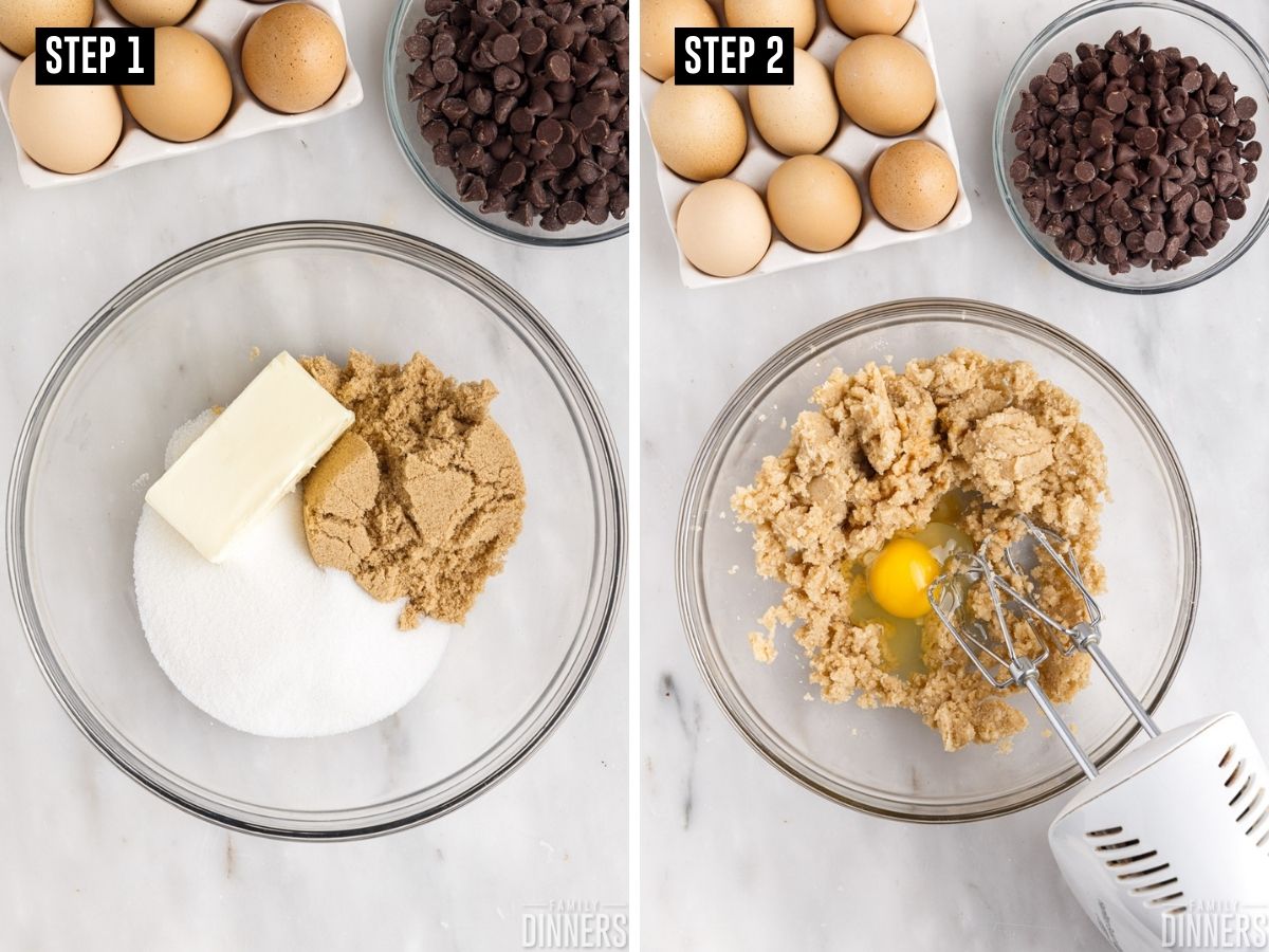 2 photos. Left photo: butter and sugars in a bowl. Right photo: hand mixer mixing sugars with an egg.