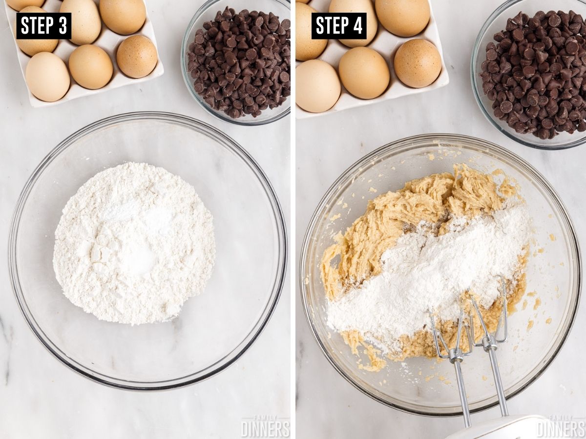 IMAGE 1: dry ingredients in a bowl. Image 2: Dry ingredients added to wet ingredients in a bowl.