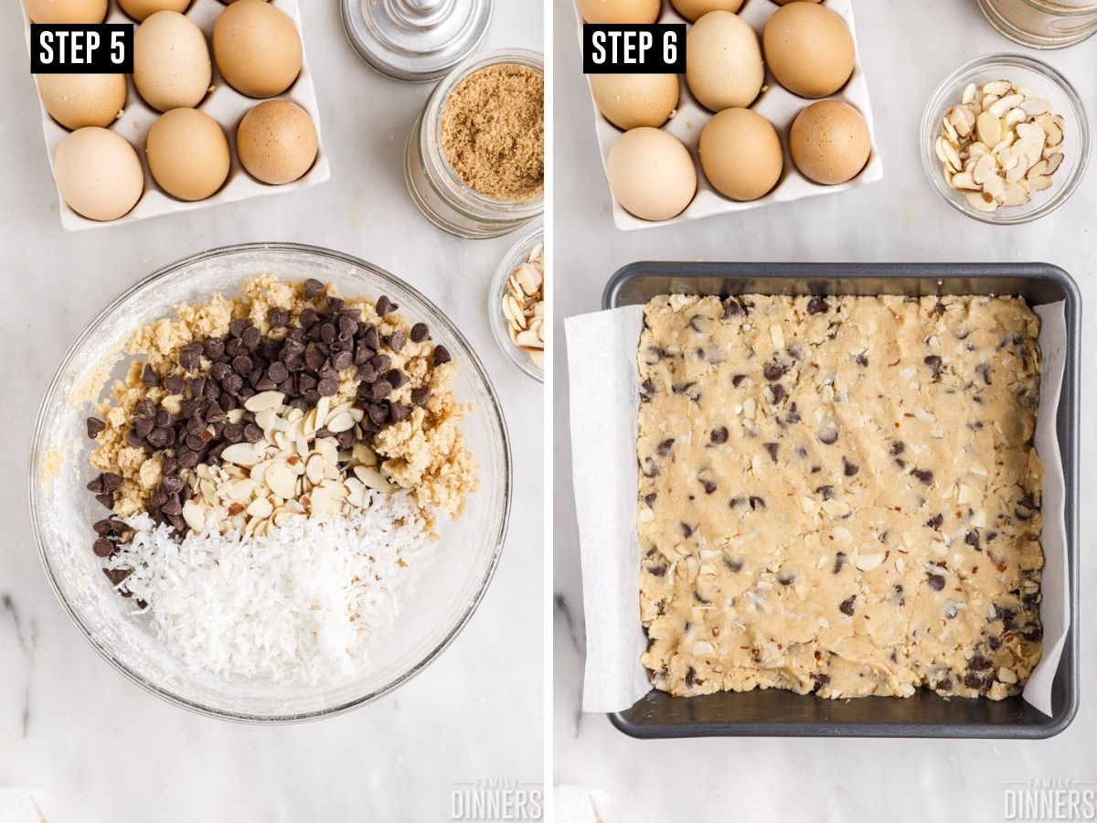 Image 1: Bowl of cookie dough with almonds, chocolate chips and coconut flakes on top. Image 2: Cookie dough spread into a baking pan.