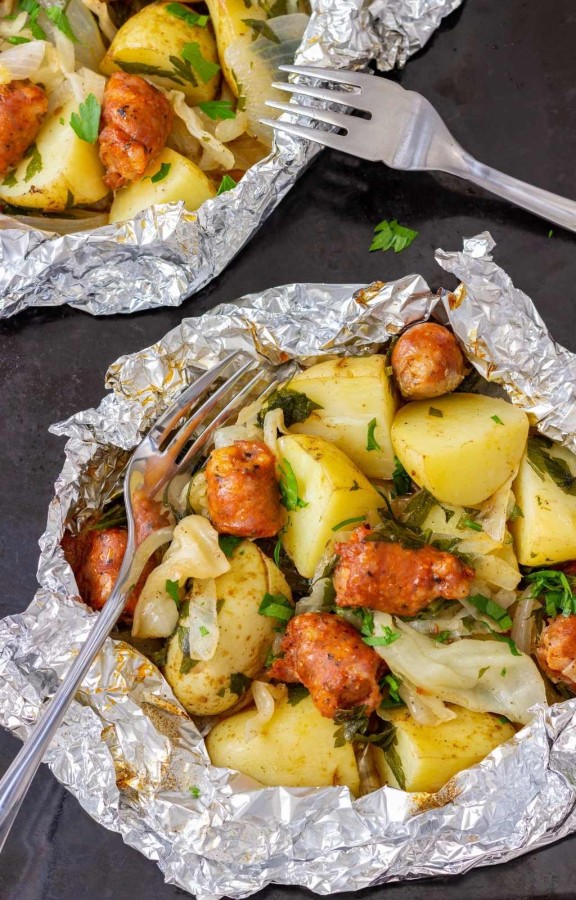 potatoes and sausage in a foil packet.
