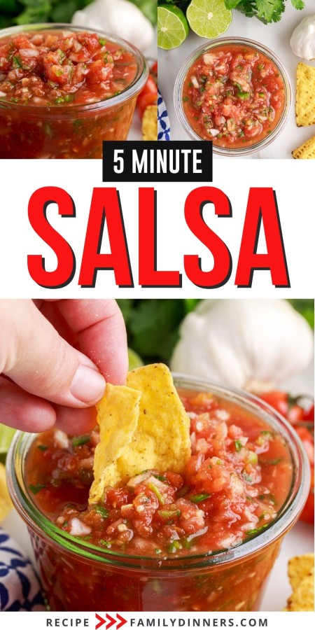 Collage of homemade salsa in a jar.