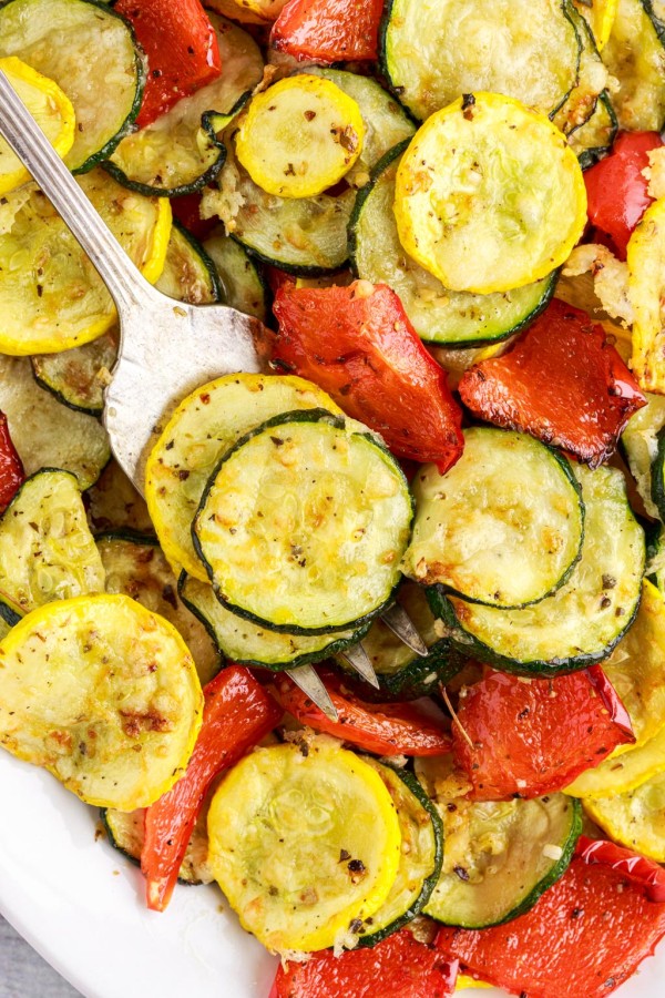 Plate of roasted squash and peppers